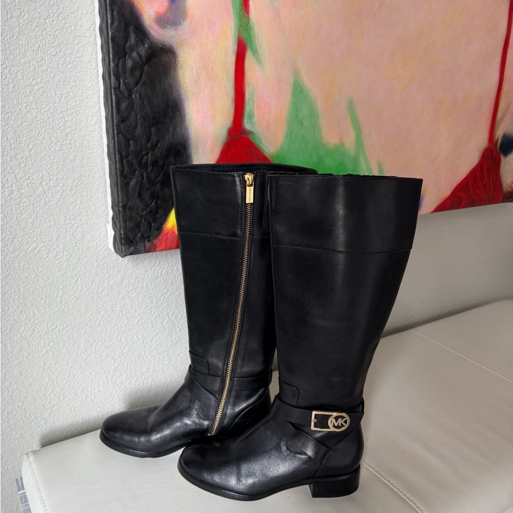 Michael Kors Black Heeled Boots with Gold Hardware